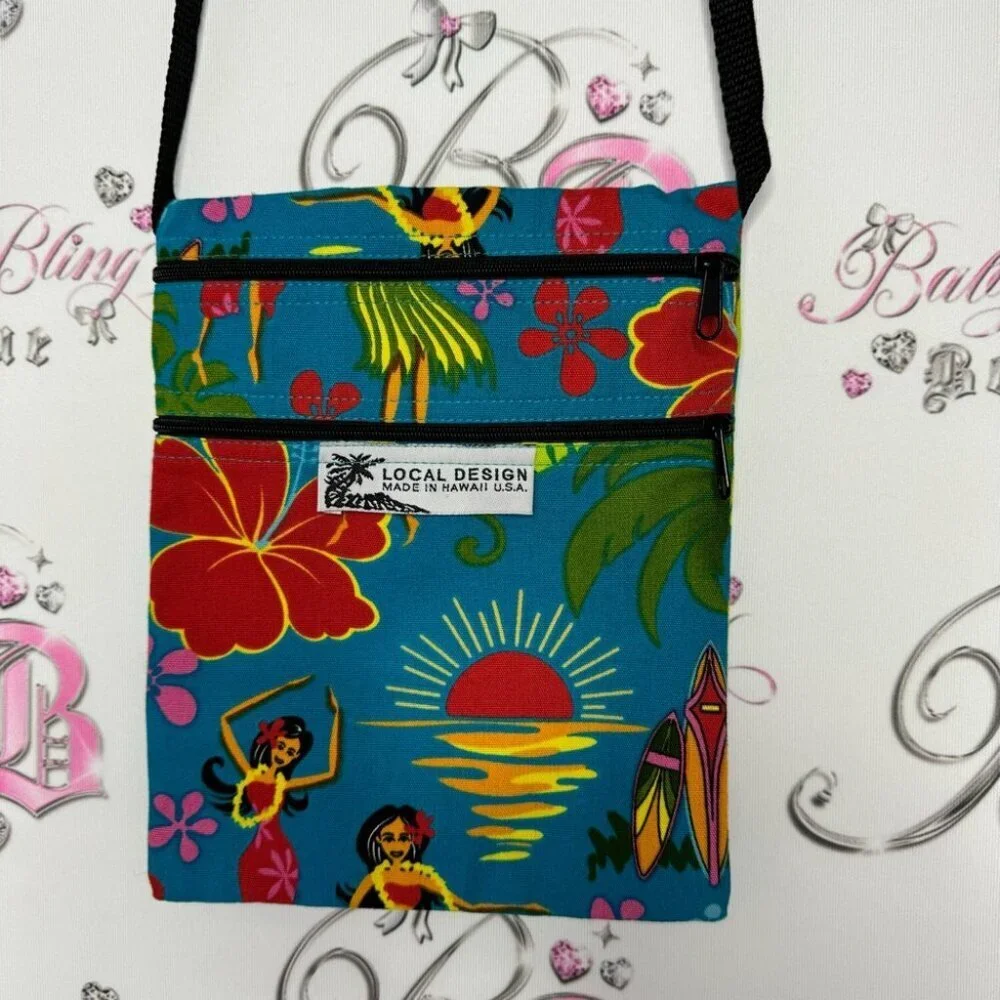 Hawaii bag beach dual zipper blue Hawaiian ladies dancers flowers blue vacay